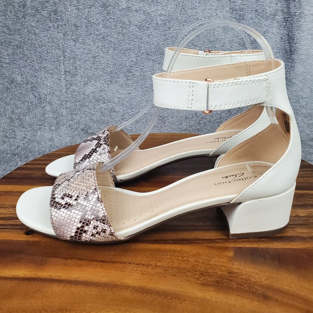 Clarks Sandals Women's 8 M White Leather Ankle Strap Block Heel Snake Print - Picture 3 of 10